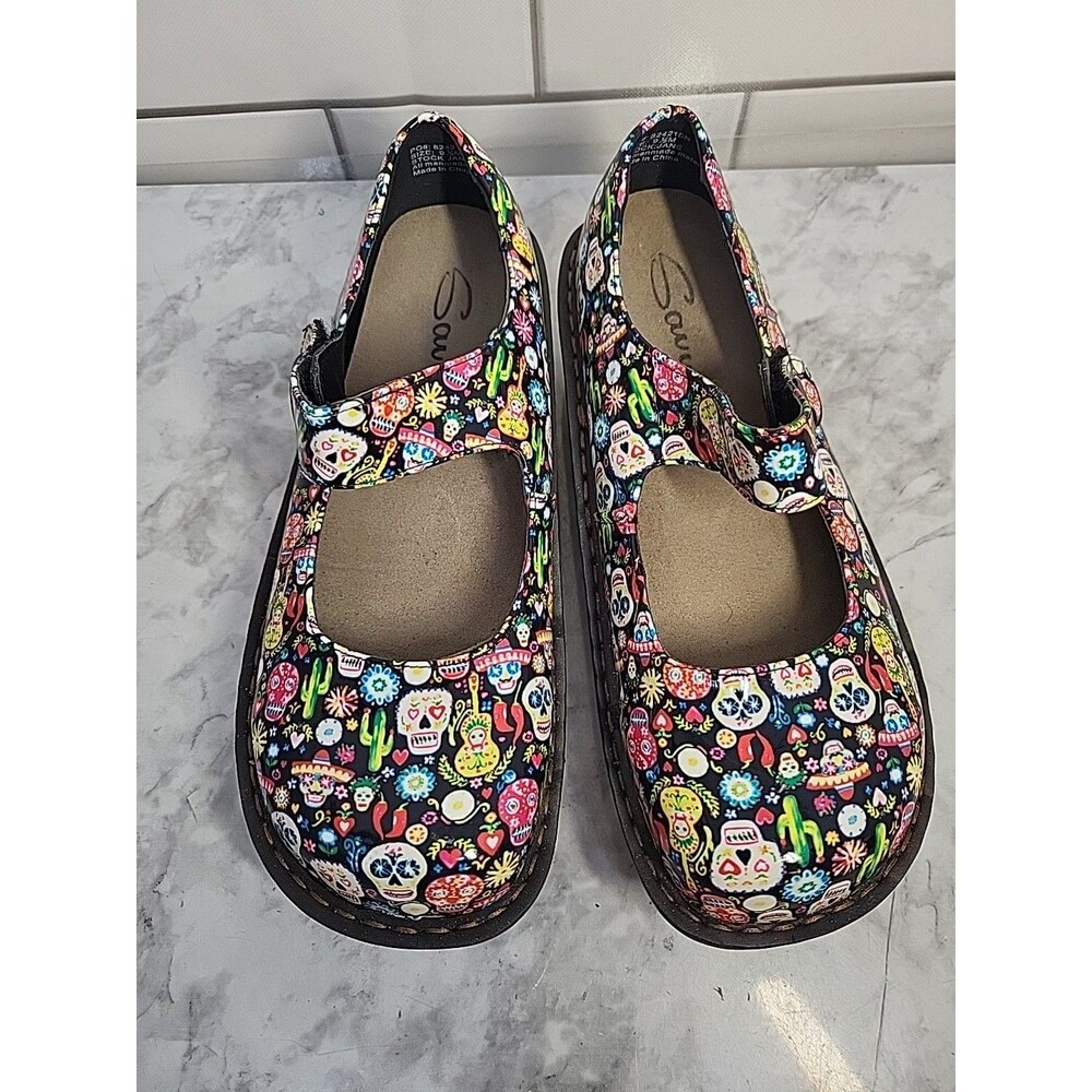 Savvy 9.5M Multicolor Skull Cactus Floral Pattern Work Mary Jane Nursing Shoes - Picture 2 of 7